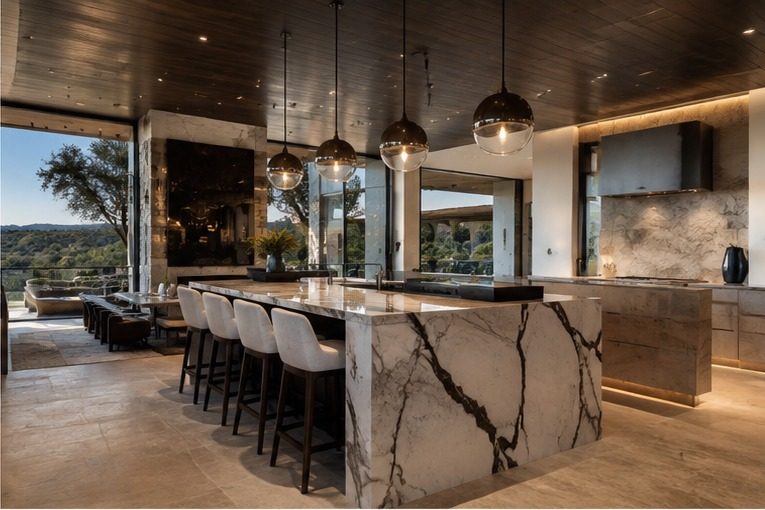 Marble waterfall kitchen island with globe pendant lighting