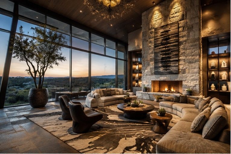 Great room with stone fireplace overlooking the Texas Hill Country at sunset