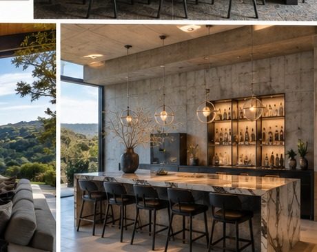 Stone bar and lounge with globe pendant lighting