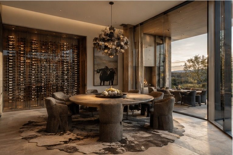 Wine wall and dining room with tree-trunk chairs
